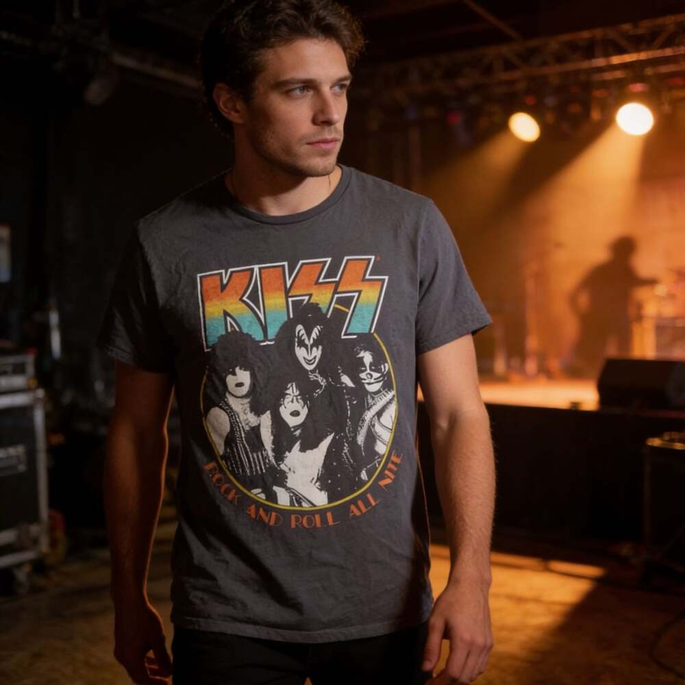 Unisex Kiss Band T-Shirt Size M Rock And Roll All Nite Grey Cotton